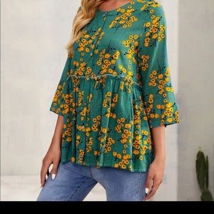 Floral print frill trim peplum blouse